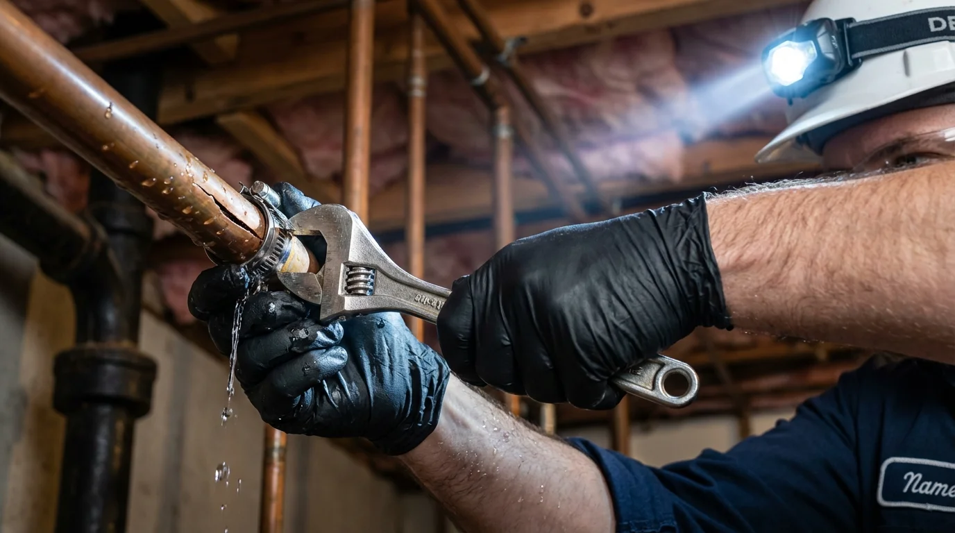 Emergency pipe clamp repair being performed by a Johns Plumbing LLC plumber in Montrose