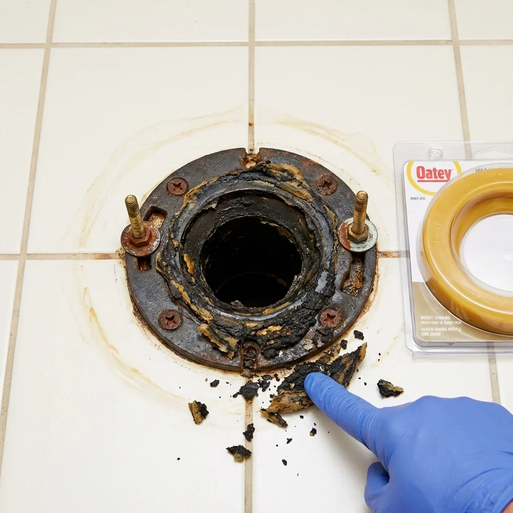 Failed wax ring showing water seepage at the base of a toilet in a Montrose, CO home