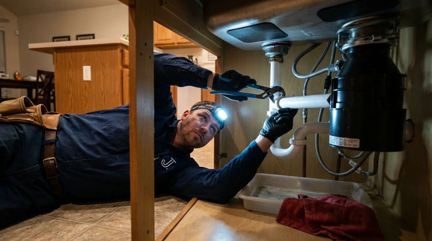 P-trap and supply line connections under a kitchen sink showing a common leak point in Montrose, CO